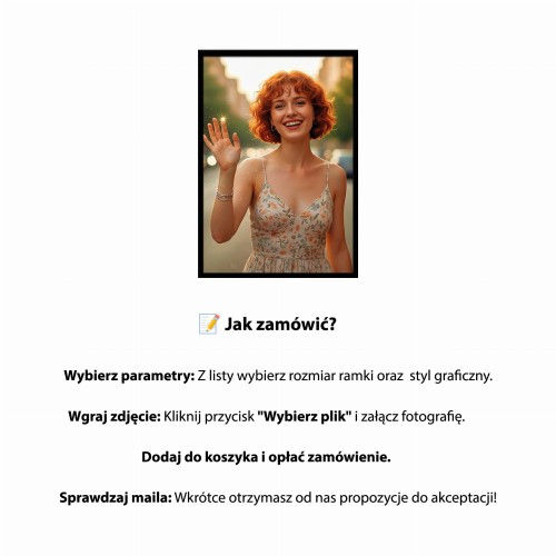Instrukcja jak zamówić portret ze zdjęcia krok po kroku przykładowy obraz w czarnej ramie