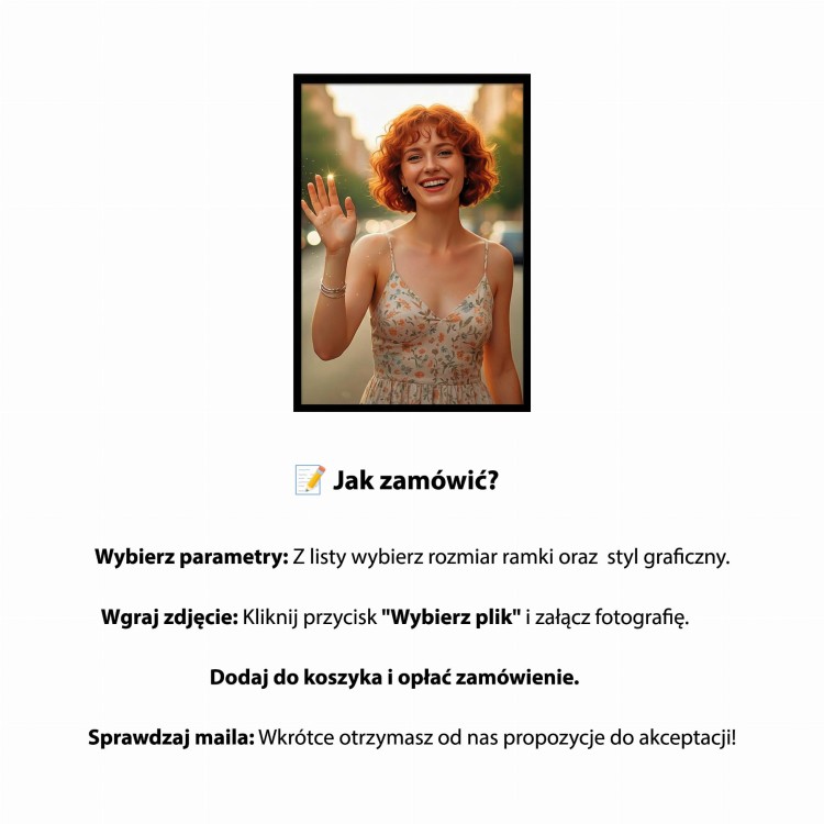 Instrukcja jak zamówić portret ze zdjęcia krok po kroku przykładowy obraz w czarnej ramie