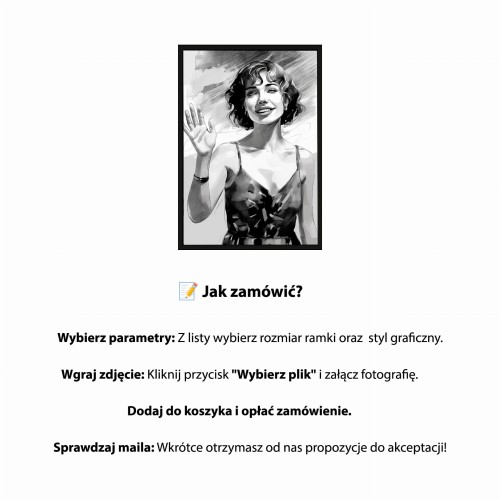 Instrukcja jak zamówić portret ze zdjęcia krok po kroku przykładowy szkic w czarnej ramie