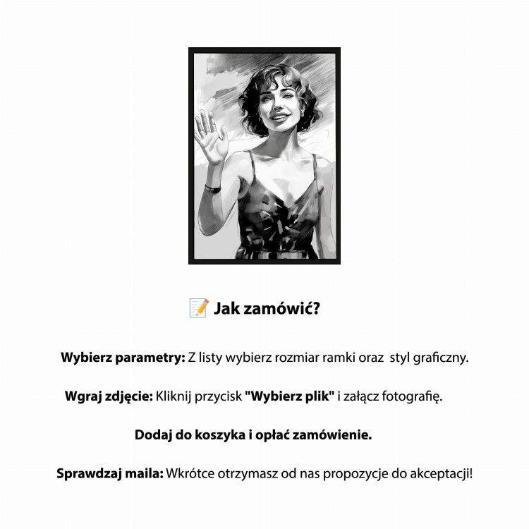 Instrukcja jak zamówić portret ze zdjęcia krok po kroku przykładowy szkic w czarnej ramie