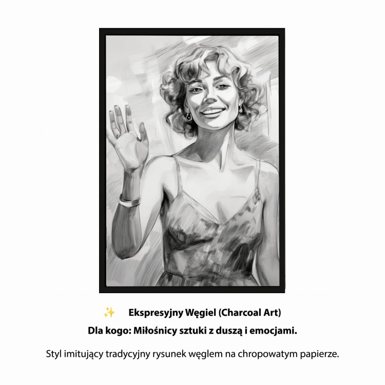 Portret ze zdjęcia Ekspresyjny Węgiel artystyczny rysunek z głębokim cieniowaniem i fakturą