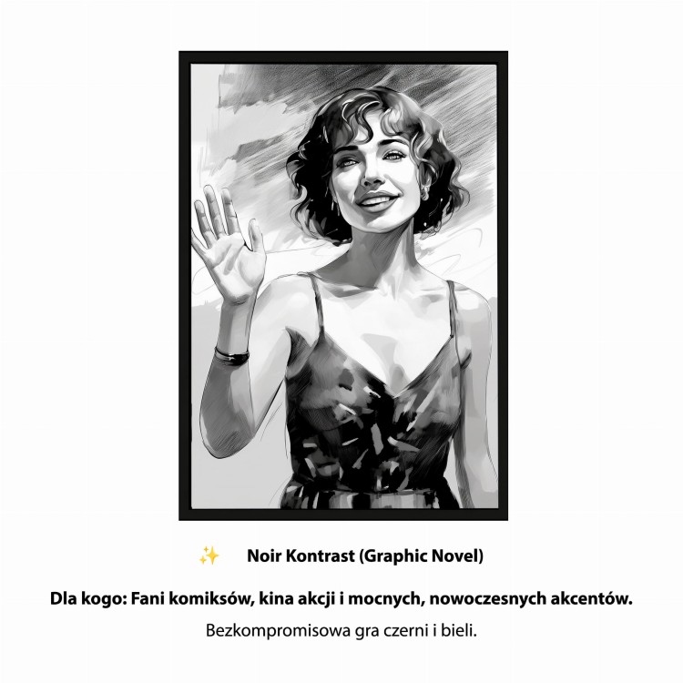 Portret ze zdjęcia Noir Kontrast mocna grafika czarno biała styl komiksowy i filmowy