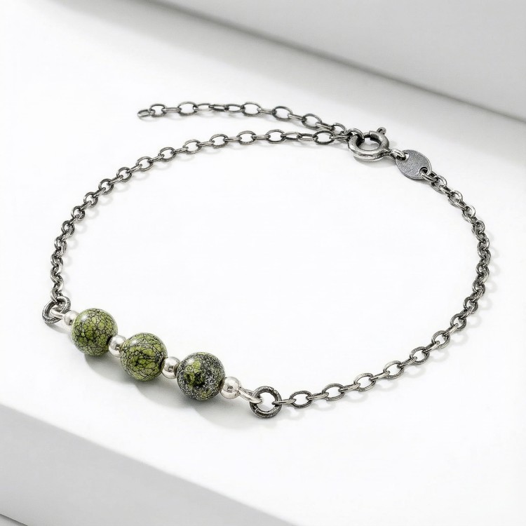 Bransoletka srebro oksydowane z serpentynem styl vintage przyciemniane srebro i kamień o strukturze mchu