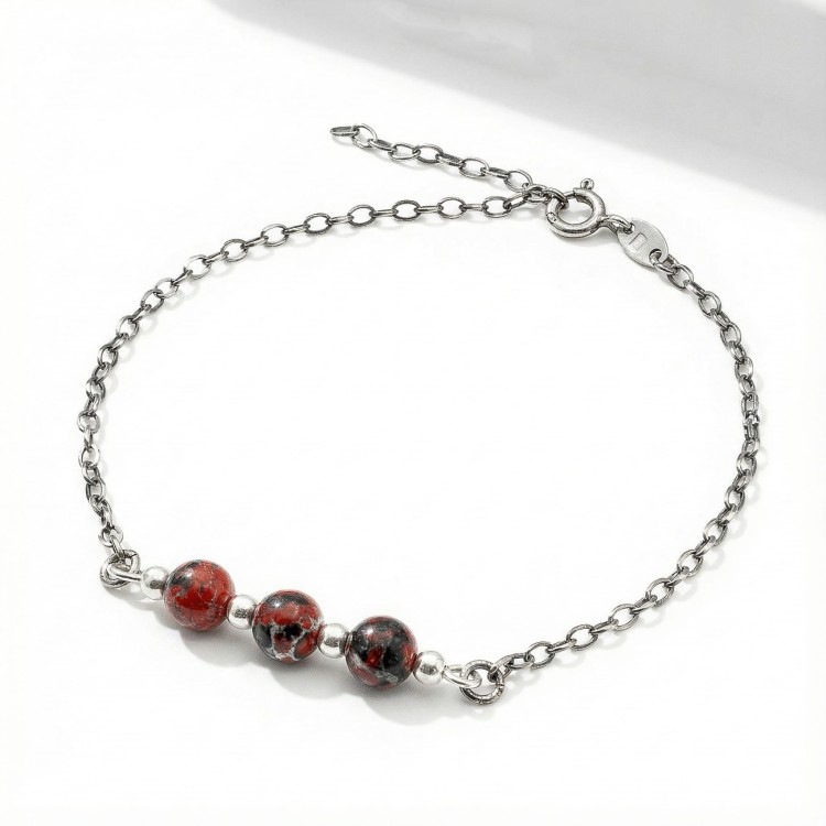 Bransoletka srebro oksydowane z czerwonym jaspisem styl vintage przyciemniane srebro i czerwony kamień