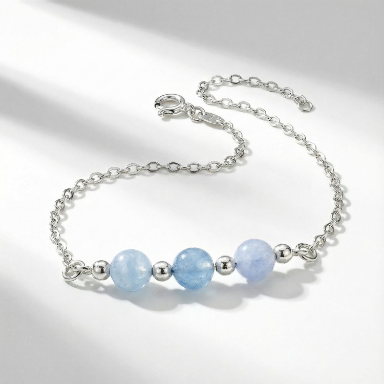Srebrna bransoletka z naturalnym akwamarynem jasne srebro 925 błękitne bryłki kamieni