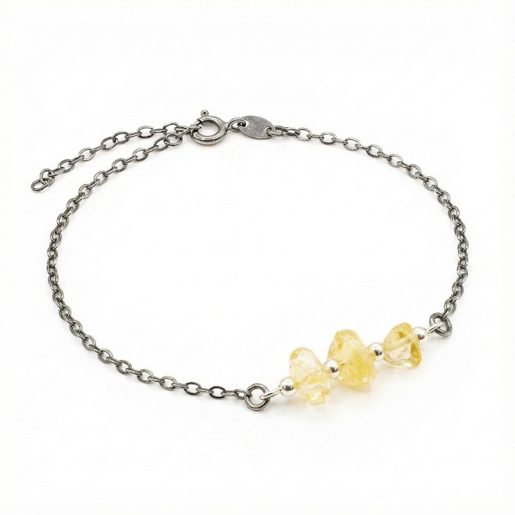 Bransoletka srebro oksydowane z cytrynem styl vintage przyciemniane srebro i surowe bryłki