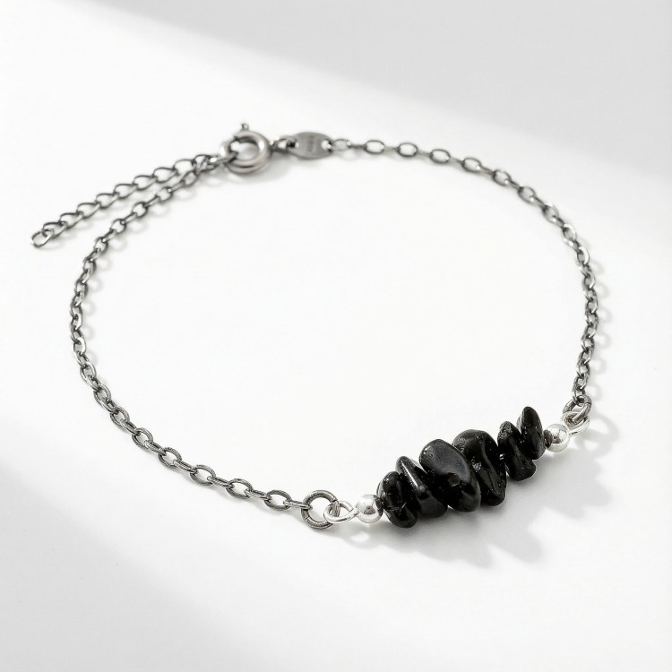 Bransoletka srebro oksydowane z czarnym turmalinem styl vintage przyciemniane srebro i surowe bryłki