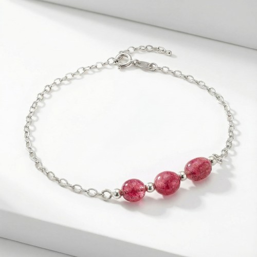 Srebrna bransoletka z naturalnym różowym turmalinem jasne srebro 925 nieregularne bryłki kamieni