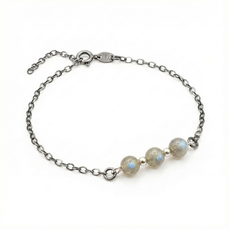 Bransoletka srebro oksydowane z labradorytem styl vintage przyciemniane srebro i kamień zorzy polarnej