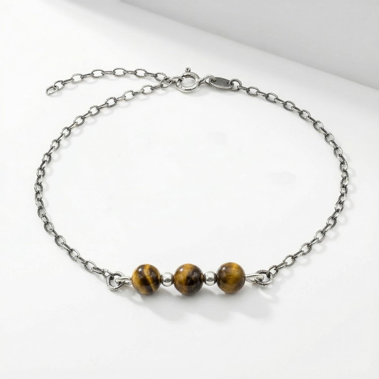 Bransoletka srebro oksydowane z tygrysim okiem styl vintage przyciemniane srebro i złocisty kamień