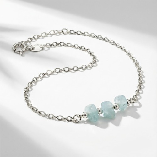 Srebrna bransoletka z naturalnym akwamarynem jasne srebro 925 błękitne bryłki kamieni