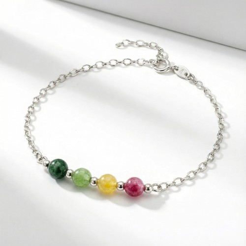 Srebrna bransoletka z naturalnym kolorowym turmalinem jasne srebro 925 zbliżenie na kule multikolor
