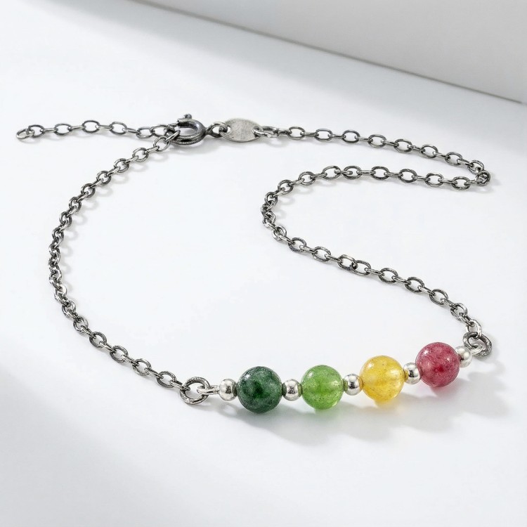 Bransoletka srebro oksydowane z turmalinem multikolor styl vintage przyciemniane srebro i barwne kamienie