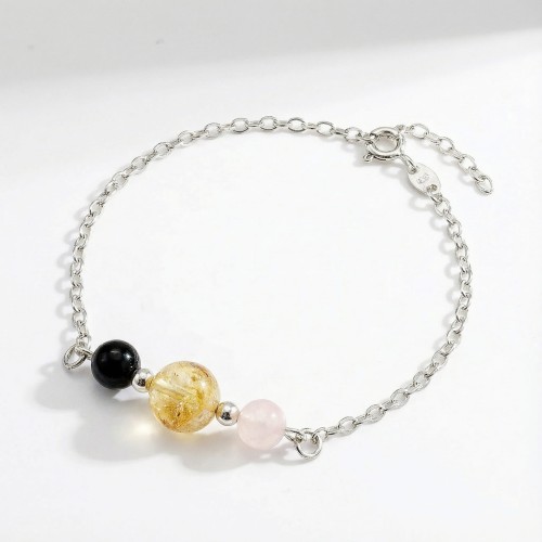 Srebrna bransoletka potrójnej mocy turmalin cytryn kwarc różowy jasne srebro 925