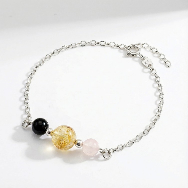 Srebrna bransoletka potrójnej mocy turmalin cytryn kwarc różowy jasne srebro 925