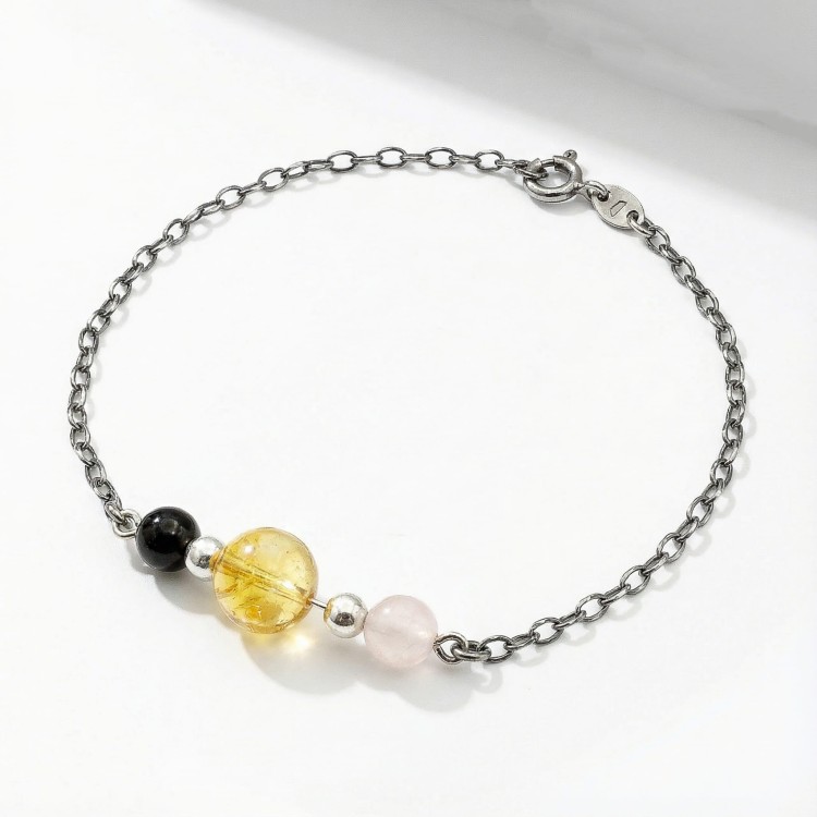 Bransoletka srebro oksydowane potrójna moc czarny turmalin cytryn i kwarc różowy styl vintage