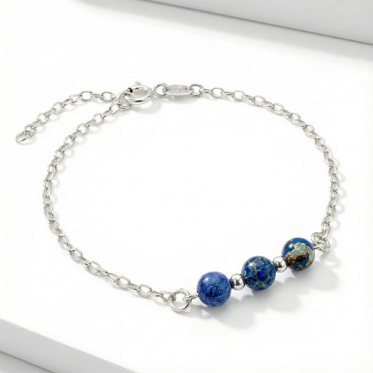 Srebrna bransoletka z naturalnym jaspisem jasne srebro 925 zbliżenie na wzorzyste kamienie