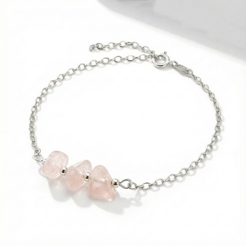 Srebrna bransoletka z naturalnym kwarcem różowym jasne srebro 925 nieregularne bryłki kamieni