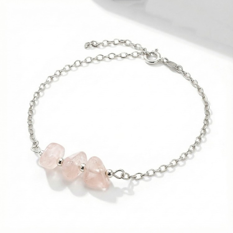 Srebrna bransoletka z naturalnym kwarcem różowym jasne srebro 925 nieregularne bryłki kamieni