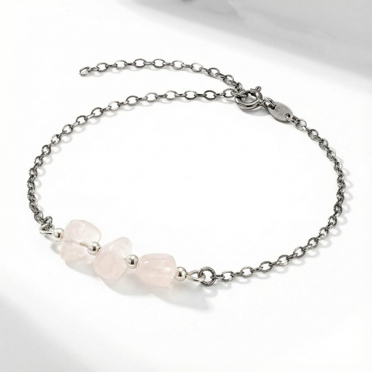 Bransoletka srebro oksydowane z kwarcem różowym styl vintage przyciemniane srebro i surowe bryłki