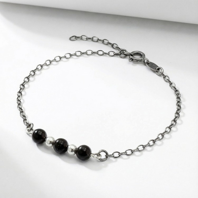 Bransoletka srebro oksydowane z czarnym turmalinem styl vintage przyciemniane srebro i kamień ochronny